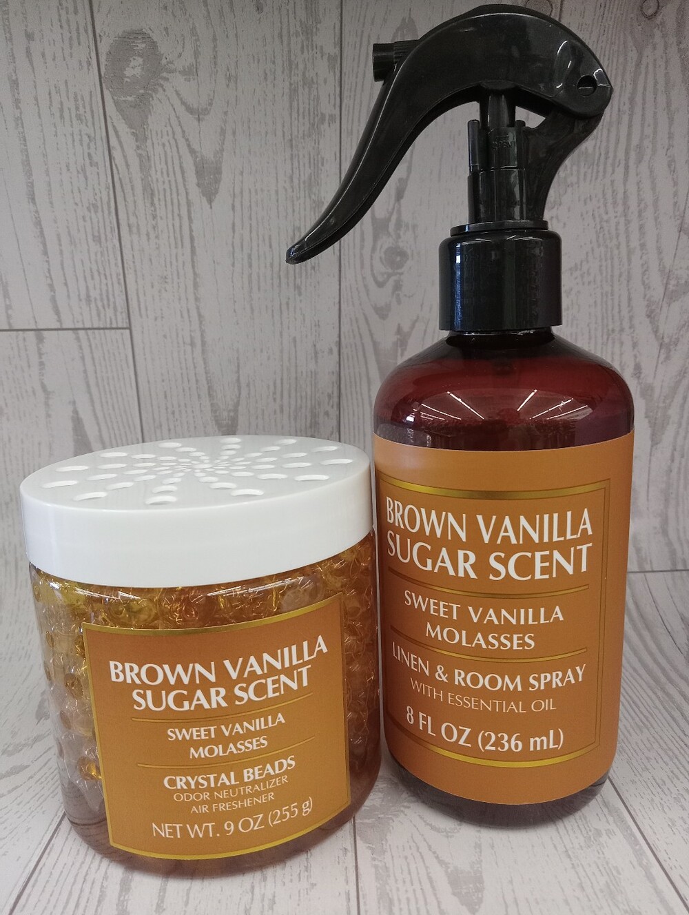 Brown Vanilla Sugar Scented Room Spray And Crystal beads.